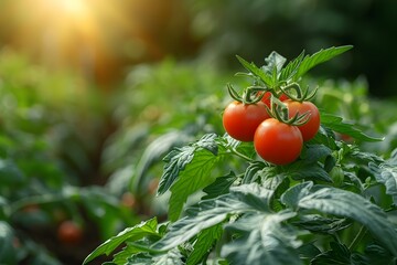 Ripe red tomato plant in close-up with blurred green background on a farm. Concept Vegetable Garden Photography, Tomato Plant Close-Up, Farming Lifestyle, Fresh Produce, Rural Agriculture