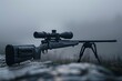 Precision rifle with scope positioned on misty ground for stealthy surveillance in gray ambiance