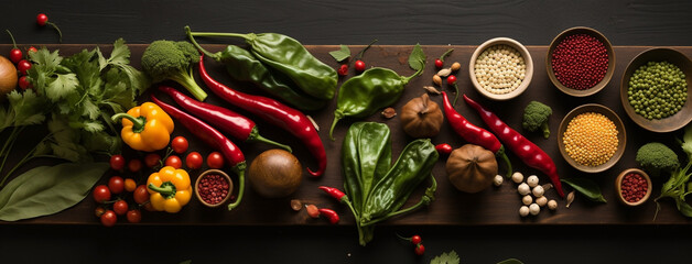 Wide view from above banner image of Vegetarian Day food banner with different types of vegetables and fruit items in a manner on black color wooden table with copy space 