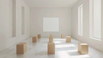 An art gallery room displaying minimalist cubic sculptures with sunlight casting dynamic shadows.