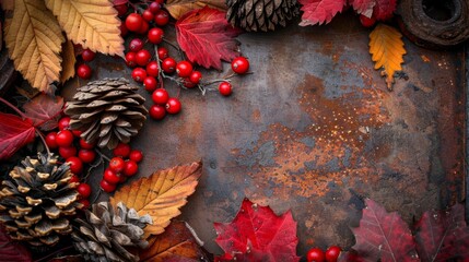 Canvas Print - Seasonal autumn composition with red berries, pine cones, and colorful leaves on a weathered surface.