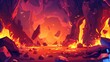 Landscape of hell, infernal hot volcano cave with lava flow from cracked stones, rock floating in liquid magma, computer game background, underground panoramic wallpaper, Cartoon modern illustration.