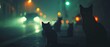 Silhouetted cats with glowing eyes stand out on a misty urban street at night, creating an eerie scene.