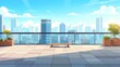 The rooftop terrace of a house in town has a cityscape view. The rooftop terrace has an empty patio area with railings. Modern cartoon illustration of a rooftop terrace with city view.