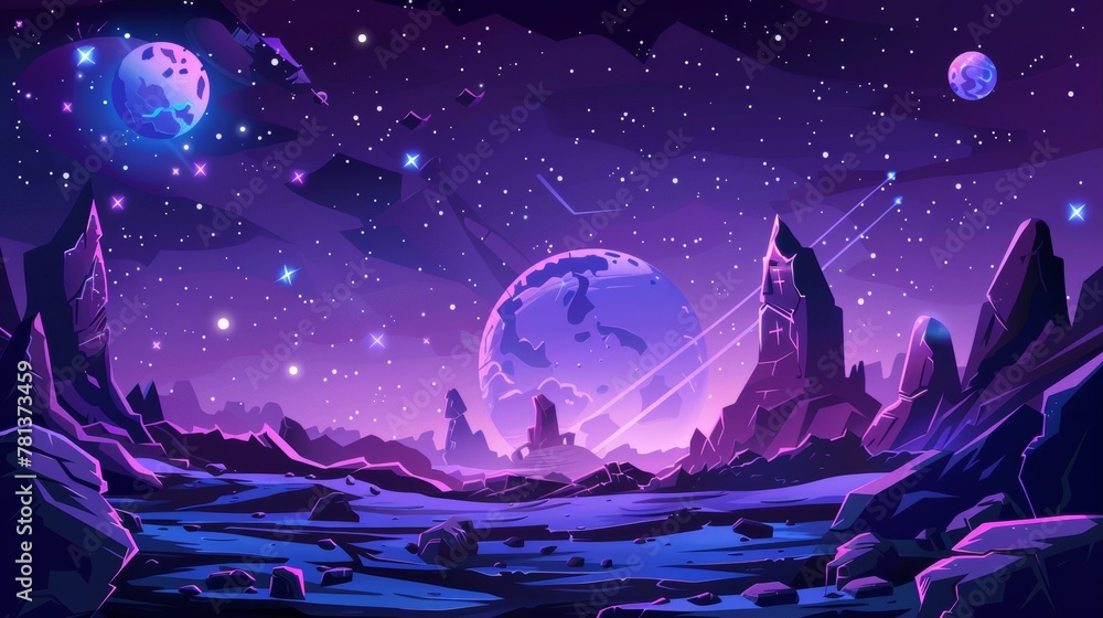 A space background with purple planet landscape, stars, satellites, and ...