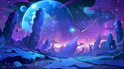 Wall Mural - In the background, there is a landscape of planets, stars, satellites and alien planets. It is a modern cartoon fantasy illustration of cosmos, cracked stone surface, and mountains in the sky.
