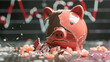 © Bordinthorn - Tight shot on a shattered piggy bank with a financial crisis chart behind, illustrating loss and despair,