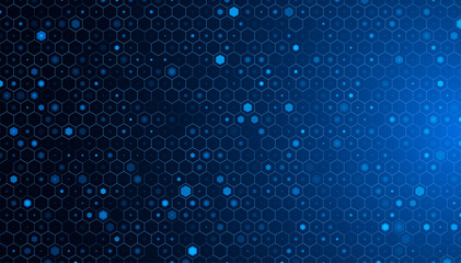 Wall Mural - Hexagonal Abstract Technology Background. Hexagons Pattern for Tech Communication Design. Hi-tech Cyber Hexagon Sci-Fi Game Banner Grid. Blue Science Vector Illustration.