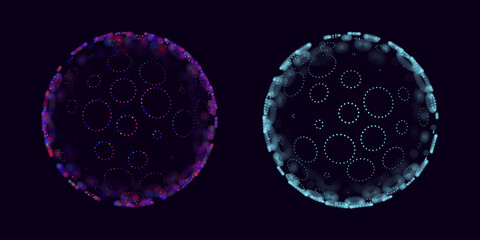 Aufkleber - Circle Lines on 3D Spheres. Global Digital Connections. 3D Wireframe Sphere Symbols Illustration. Abstract 3D Design. Technology Science Style Vector Background.