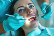 Routine dental checkup woman in blue shirt and gloves getting her teeth examined by dentist in office