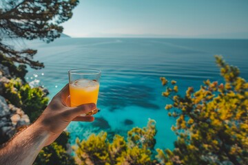 An outstretched hand holds a glass of juice against the background of the sea. Point Of View. Vacation and travel concept