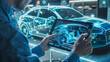 © Radala - Automotive engineer uses digital tablet with Augmented Reality for Car Design. Futuristic industrial revolution. Generative AI.