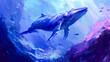 Majestic blue whale gliding gracefully through vibrant underwater flora, illuminated by ethereal light beams. A serene portrayal of marine life’s beauty.