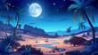 A desert oasis under a full moon starry sky. Cartoon landscape river, sand dunes, palm trees and plants, modern parallax background for games. Deserted Sahara nature panoramic 2d scene, illustration.
