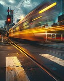 Fototapeta  - A railway crossing in the city, where the blur of a passing train captures the fleeting nature of urban life