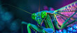 Close-up of a mantis in neon green, with intricate wing patterns illuminated, set against a dark, neon-infused background