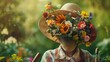 Gardener in a sunhat, head blooming into flowers and gardening tools, in a lush garden