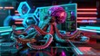 A close-up of an octopus multitasking at a computer running an online tech support service
