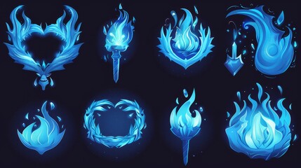 Wall Mural - An isolated metal frame of a flame on a black background showing a blue fire burning. A modern cartoon set of magic fires depicting a heart, circle, square, or flame on a torch or candle.