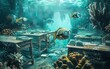 Surreal underwater school scene, with cute fish wearing glasses and reading waterproof books among coral desks