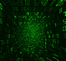 Fototapete - Big Data 3D Matrix Digital Numbers. Quantum Computer CPU Core Code Concept Background. 3D Blockchain Cube Blocks Concept. Data Sorting. Artificial Intelligence. Vector Illustration.