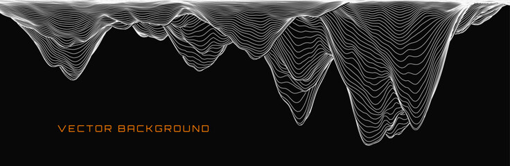 Fototapete - Black and White Wireframe Stalactite Cave. Abstract Fluid Lines Design. 3D Topographic Map Background Concept. Geography Concept. Tech Wavy Backdrop. Space Game Surface HUD Design Element.