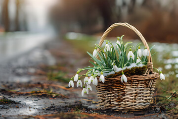 Wall Mural - Basket with bouquet of wild snowdrops in forest clearing. Spring banner with first white flowers with copy space. The Day of Snowdrop concept. Floral background of fresh nature for ecology concept.