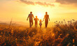 © Q STOCK - happy family, mother, father, children son and daughter on nature on sunset