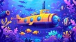 Seascape underwater with submarine, fish, corals, marine plants and animals. Modern illustration of a tropical ocean bottom scene with bathyscaphe, seaweed, and aquatic life.