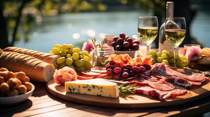 Wall Mural - Picnic in the garden with bread, vegetables, cheese and wine