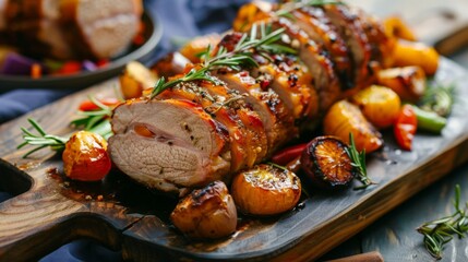 Wall Mural - Roast Pork and Vegetables on Cutting Board