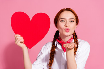 Canvas Print - Photo of adorable flirty lady dressed cowboy outfit rising red heart sending you kiss isolated pink color background