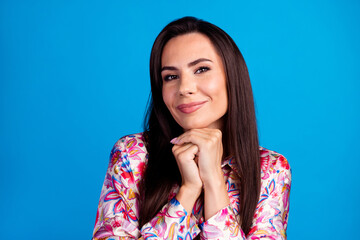 Poster - Photo of shiny adorable lady dressed print blouse arms chin smiling isolated blue color background