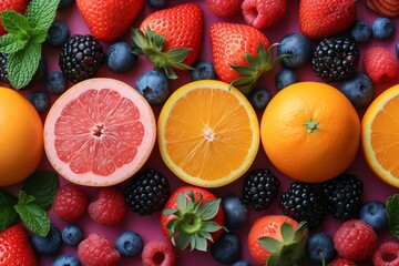 Wall Mural - A colorful assortment of fresh fruits, including oranges, kiwis, strawberries, and bananas, offers vibrant nutrition.