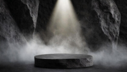 Empty black rock podium, pedestal for display mockup or products presentation. On background black rock walls with white smoke or fog and a light beam illuminating the base from above. Generative Ai.