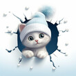 Cute cartoon kitten popping out of a broken wall, whimsical 3D illustration with winter cap.