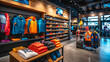 © GreenMOM - Modern sportswear store interior with organized displays of vibrant athletic clothing and accessories.