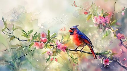 Wall Mural - blue and red bird on a branch of tree. water color paint Generative AI