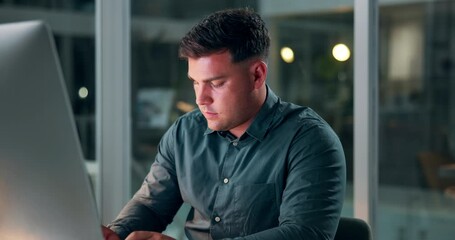 Aufkleber - Business, man and typing on computer in office at night to finish review or work article for deadline. Person, overtime and pc for research or information for task commitment at publishing company
