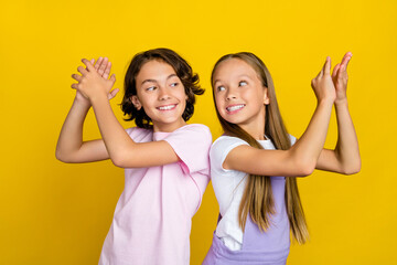 Sticker - Photo of funky cheerful friends wear casual outfits applauding palms isolated yellow color background