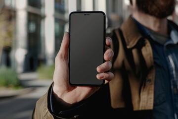 Display mockup from a shoulder angle of a man holding an smartphone with a completely black screen