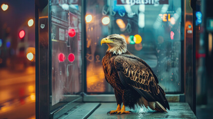 Bald Eagle stands majestically on a bus stop