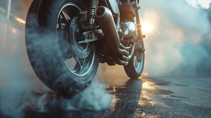 biker staying on bike on road with smoke of the tire, burn out in the moto show