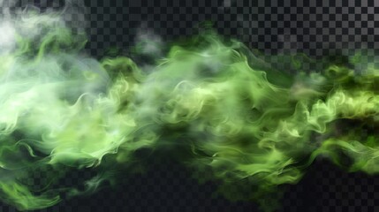 Wall Mural - Green gas clouds on transparent background. Modern illustration of toxic fog, evil magic mist, poisonous evaporation. Color powder, stinky odor waves, mystery Halloween glow.