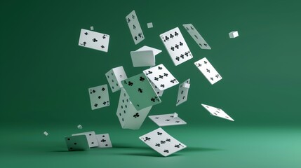 Detailed 3d mockup of blank playing cards for games such as poker and board games. Flying and falling empty white paper pages, casino or gift cards isolated on a green background.