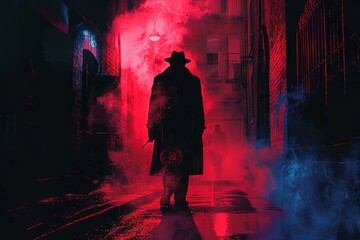 Wall Mural - A lone detective stands in a dimly lit alley, cigarette smoke curling around him as he surveys the scene of a mysterious crime