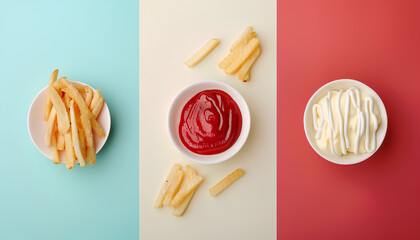 Wall Mural - Collage of tasty french fries with ketchup and mayonnaise on color background, top view