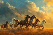 Across the undulating expanse of rolling hills, a herd of powerful horses gallops with unrestrained freedom, their thunderous hoofbeats echoing across the vast expanse of the open countryside.