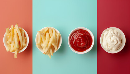 Wall Mural - Collage of tasty french fries with ketchup and mayonnaise on color background, top view