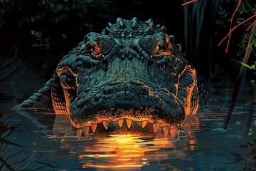 Poster - Within the depths of a murky swamp, a massive alligator lurks with silent menace, its fearsome jaws poised to snap shut with lethal precision at the first sign of prey.